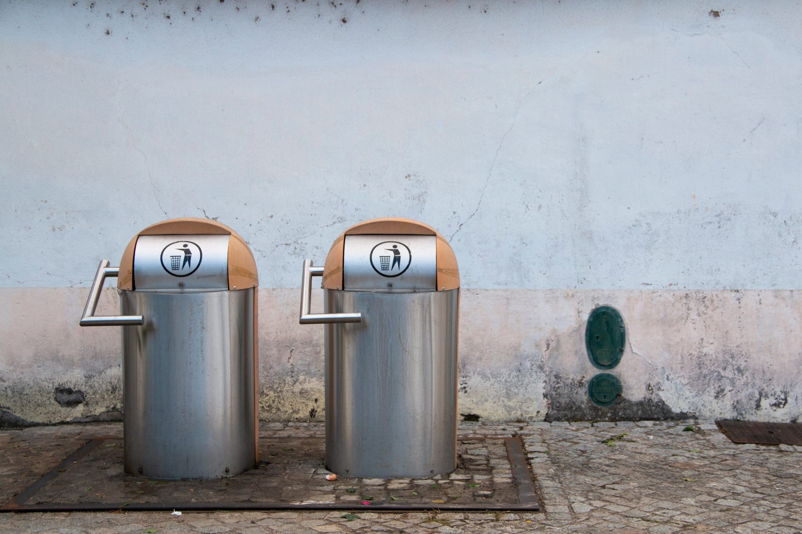 Two metallic trash bins stand against a pale wall with worn surfaces. Each bin has a circular lid and a symbol indicating use. The ground is paved with stone tiles, and a small green patch is visible on the wall nearby.